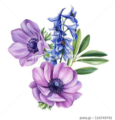 Purple anemones with blue delphinium and green leaves watercolor floral bouquet botanical spring illustration clipart Purple anemones with blue delphinium and green leaves watercolor floral bouquet botanical spring illustration clipart 128749742