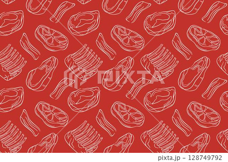 Seamless pattern of line art style steak, bacon, ribs and meat cut on red background. Perfect for butcher shop, kitchen wallpaper, food package, grill or barbecue menu design. 128749792