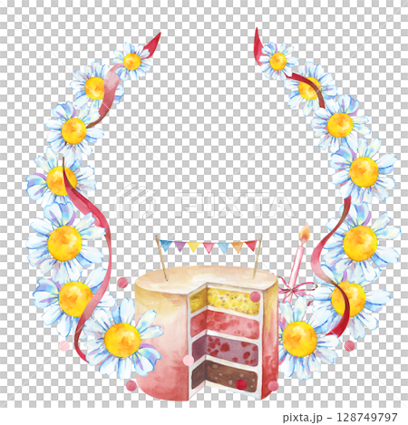 A frame of daisies with a red ribbon and a birthday cake with hand-drawn flags and a candle. Watercolor illustration for baby shower. A template with an empty place to insert. 128749797