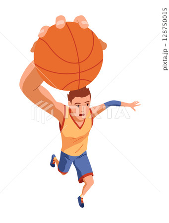 Basketball element. Basketball player in uniform holding ball. Professional sport game. Cartoon flat vector illustration isolated on white background Basketball element. Basketball player in uniform holding ball. Professional sport game. Cartoon flat vector illustration isolated on white background 128750015