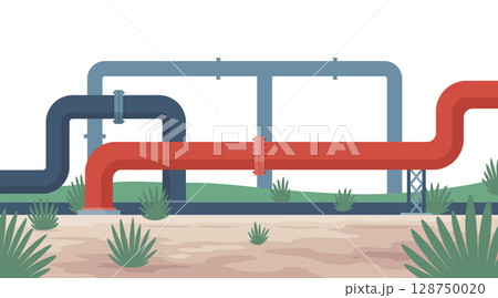 Oil gas. Oil industry, gas production. Petroleum pipelines. Oil industry extraction and refinery production. Petroleum industry design vector cartoon illustration Oil gas. Oil industry, gas production. Petroleum pipelines. Oil industry extraction and refinery production. Petroleum industry design vector cartoon illustration 128750020