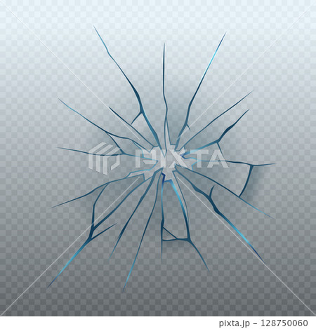 Realistic glass crack isolated on transparent background. Vector illustration of broken window, monitor display, gadget screen, car windshield, gunshot effect. Accident design element 128750060