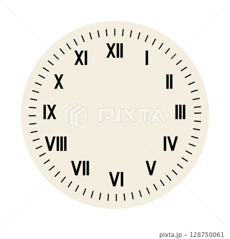 Retro round clock face. Vintage watch design. Elegant antique dial. Timer with numerals. Decorative carved arrows. Mechanical chronometer. Vector 128750061