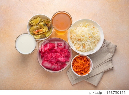 Fermented food promoting gut health with natural probiotics and beverages top view 128750123