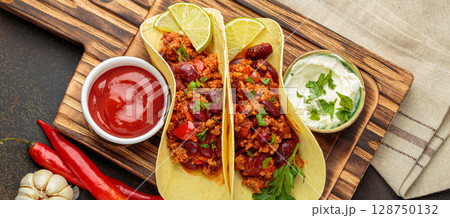 Mexican chili con carne tacos with lime, ketchup, sour cream and fresh herbs on wooden board top view 128750132