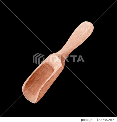 A wooden scoop with smooth texture and natural color watercolor illustration isolated on black. Ideal for kitchen designs, organic product packaging, recipe books, and eco-friendly branding projects 128750267