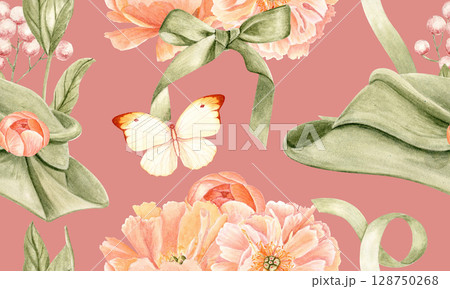 Green hat, bow, pink flowers, cream butterflies, berries, and green leaves seamless watercolor pattern on pink background. Perfect for fabric, packaging, wrapping paper, wedding and vintage designs Green hat, bow, pink flowers, cream butterflies, berries, and green leaves seamless watercolor pattern on pink background. Perfect for fabric, packaging, wrapping paper, wedding and vintage designs 128750268