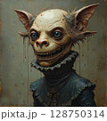 Highly detailed digital painting of a grotesque goblin-like creature with exaggerated large ears, wide unsettling grin, and bulging eyes. The character is dressed in a vintage Victorian-style clown 128750314