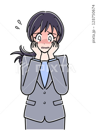 顔を赤らめて恥ずかしがるスーツのOLさん(上半身) 顔を赤らめて恥ずかしがるスーツのOLさん(上半身) 128750674