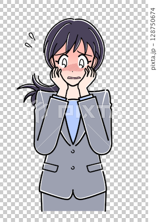 顔を赤らめて恥ずかしがるスーツのOLさん(上半身) 顔を赤らめて恥ずかしがるスーツのOLさん(上半身) 128750674