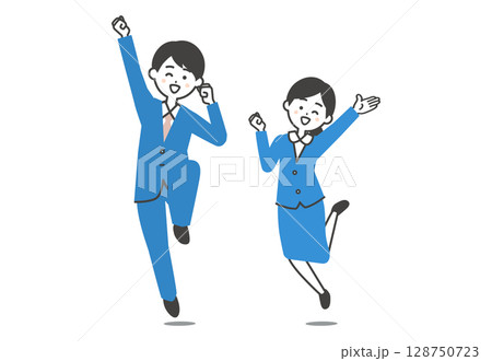 スーツ姿のジャンプする男女イラスト スーツ姿のジャンプする男女イラスト 128750723