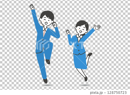 スーツ姿のジャンプする男女イラスト スーツ姿のジャンプする男女イラスト 128750723