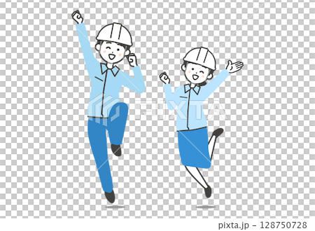 スーツに作業着姿のガッツポーズする男女イラスト 128750728