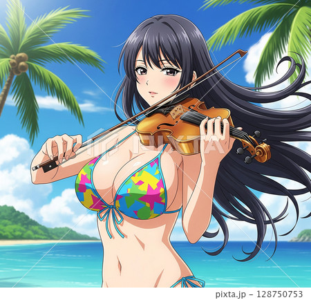 ビーチでヴァイオリンを弾く美しい水着女性 ビーチでヴァイオリンを弾く美しい水着女性 128750753