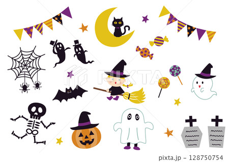 かわいいハロウィン素材セット 魔女とおばけのイラスト かわいいハロウィン素材セット 魔女とおばけのイラスト 128750754