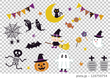 Cute Halloween material set Witch and ghost illustrations 128750754