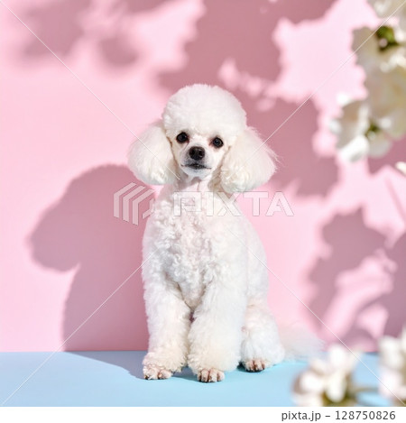 ピンクの背景でおすましポーズを決める白いプードル 128750826
