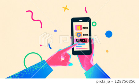 Digital collage of two hands cancelling media subscription on phone with app icons and cancel button 128750850