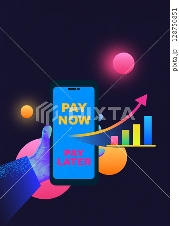 Bold colorful collage of phone screen with pay now pay later options and ascending bar chart arrow Bold colorful collage of phone screen with pay now pay later options and ascending bar chart arrow 128750851