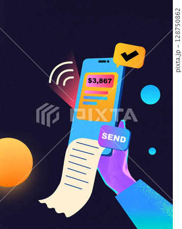 Collage of mobile screen showing transaction amount receipt and send button in vibrant glowing interface Collage of mobile screen showing transaction amount receipt and send button in vibrant glowing interface 128750862