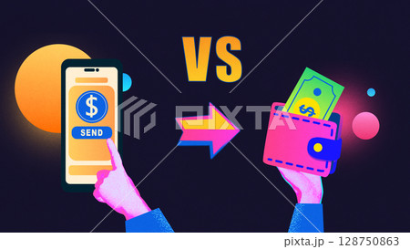 Creative composition of phone sending money versus wallet holding cash with bright neon elements Creative composition of phone sending money versus wallet holding cash with bright neon elements 128750863