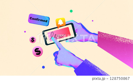 Creative digital artwork of finger signing mobile screen with confirmed message and dollar signs 128750867