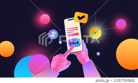 Bold colorful poster of finger tapping paid button on mobile phone with stopwatch and icons Bold colorful poster of finger tapping paid button on mobile phone with stopwatch and icons 128750868