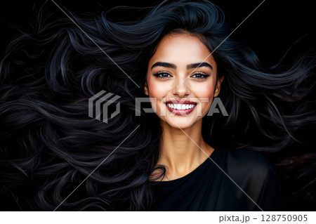 A woman with long black hair blowing in the wind 128750905