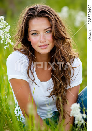 A young woman sitting in a field of tall grass 128750906