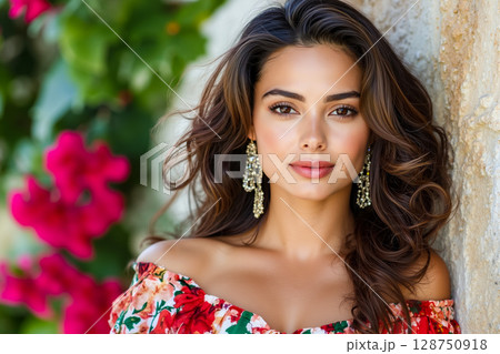 A woman in a floral dress leaning against a wall 128750918