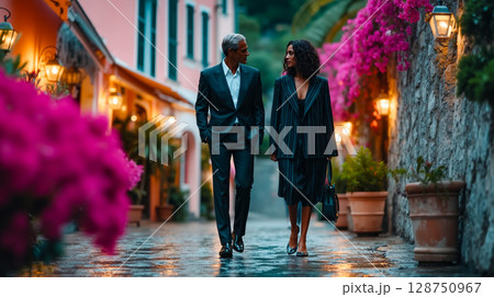 A man and a woman walking down a street in a cityのイラスト素材 [128750967 ...