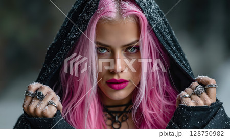 A woman with pink hair wearing a black hoodie and a black choker 128750982