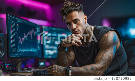 A man sitting at a desk in front of a computer 128750983