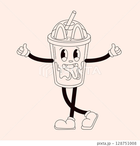 Groovy drink character shows thumbs up and tongue in line art style. Vintage cat character isolated on a light background. Groovy drink character shows thumbs up and tongue in line art style. Vintage cat character isolated on a light background. 128751008