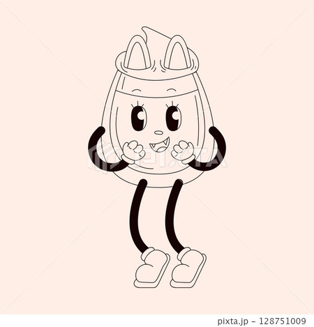 Groovy cat character in shape of cup of coffee in line art style. Retro cartoon style isolated on a light background. 128751009
