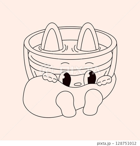 Groovy drink cat character with ears and tail in line art style. Retro cup of coffee. Vector illustration isolated on a light background. 128751012