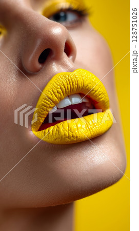A close up of a woman's mouth with yellow lipstick 128751026