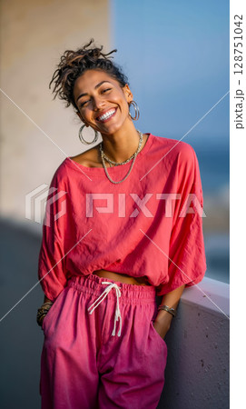A woman in a pink top and pink pants smiles at the camera 128751042
