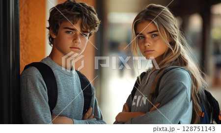 A group of stylish youths dressed in casual fashionable attire against a rustic backdrop setting 128751143