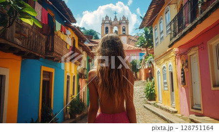 A woman in a bikini walks on a cobblestone street by colorful buildings A woman in a bikini walks on a cobblestone street by colorful buildings 128751164