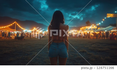 A woman in a red dress stands before a night carnival crowd A woman in a red dress stands before a night carnival crowd 128751166