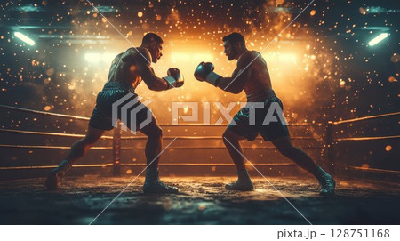 Two boxers are engaged in a fierce fight within a boxing ring 128751168
