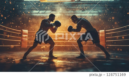 Two boxers are engaged in a fierce fight within a boxing ring 128751169