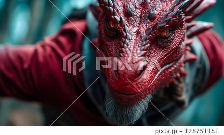 A close up of a red dragon head with a beard and a red shirt 128751181