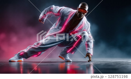 A man in a white shirt and red glasses is dancing 128751198