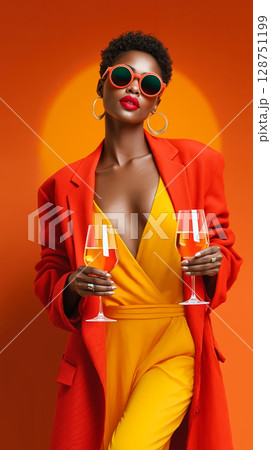 A woman in a red jacket and yellow dress holding two glasses of wine 128751199