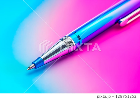 A blue pen sitting on top of a pink and blue surface 128751252