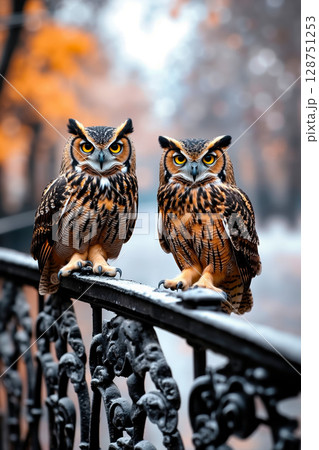 Two owls sitting on a railing in the snow 128751253