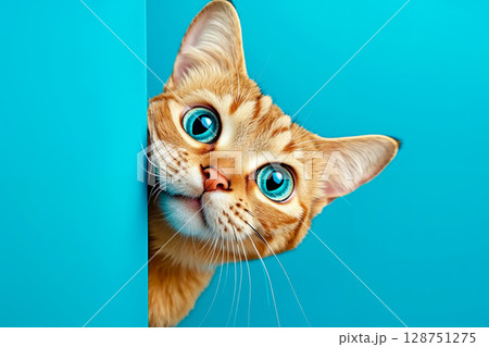A cat peeking out from behind a blue wall 128751275