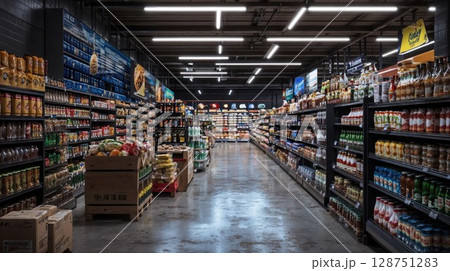 An aisle filled with a variety of diverse grocery products in a contemporary modern supermarket 128751283